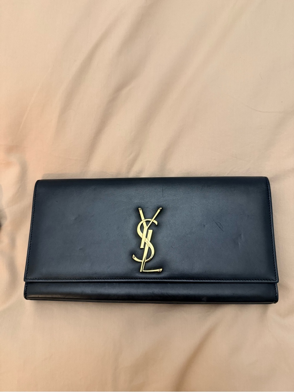 Saint Laurent Black Leather Clutch with Gold YSL Logo